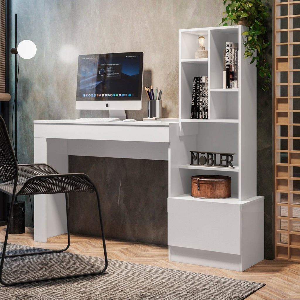 Escrivaninha Mesa Escritório com Estante 1 Gaveta 149cm Lion Branco