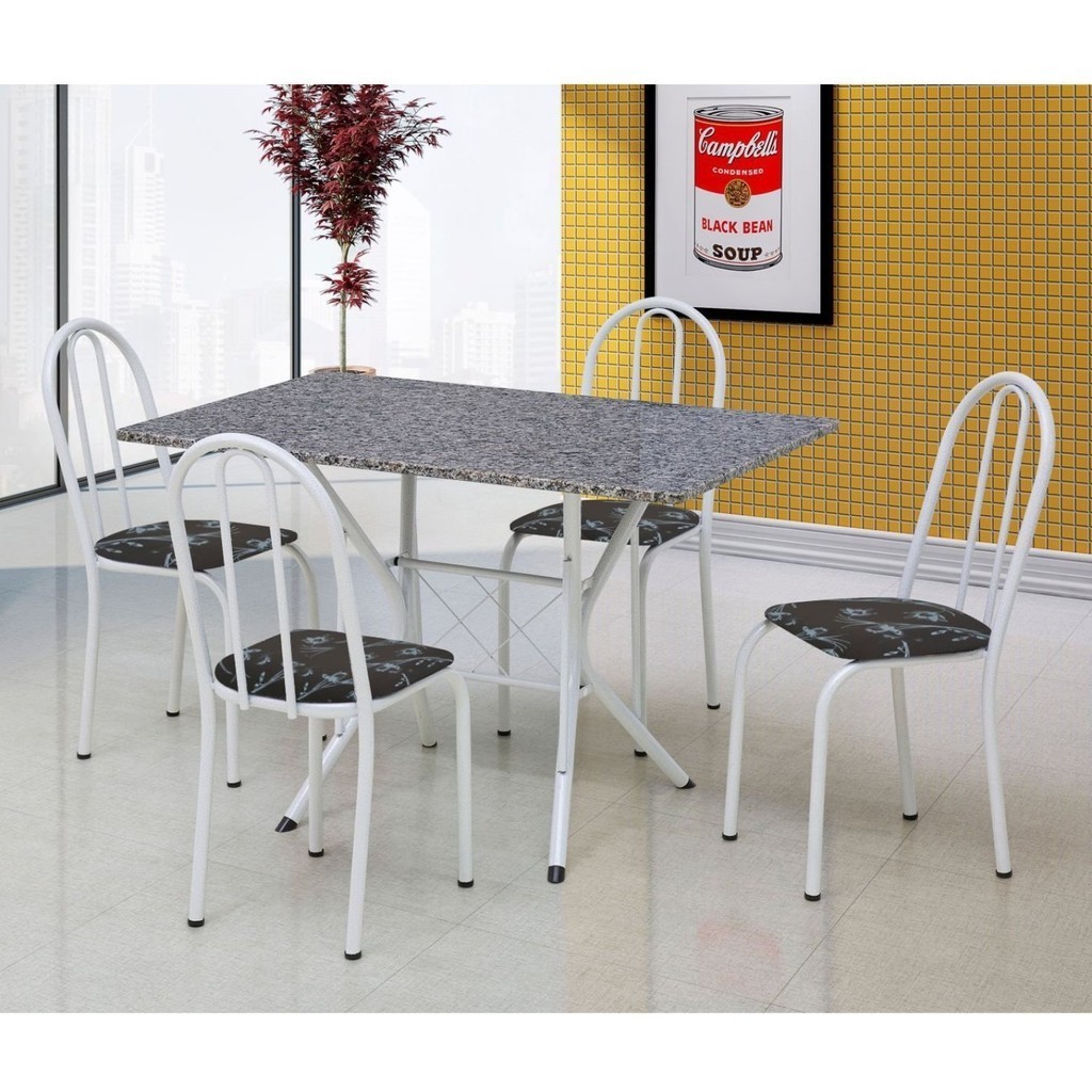 Conjunto Sala de Jantar Mesa Tampo Granito Retangular com 4 Cadeiras Bruna Branco/Preto Flor em Oferta na Shopee