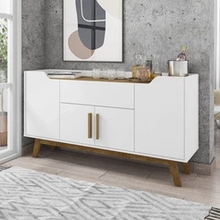 Buffet Aparador 1 Gaveta 4 Portas Retro Pés de Madeira Future Branco/Cinamomo Branco/Cinamomo