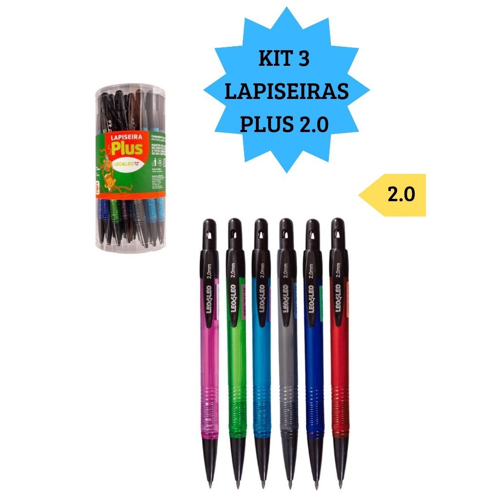 Kit 3 Lapiseiras 2.0 Plus Escolar Escritório Escrita Macia Diversas Cores Com Apontador Leo&Leo em Oferta na Shopee