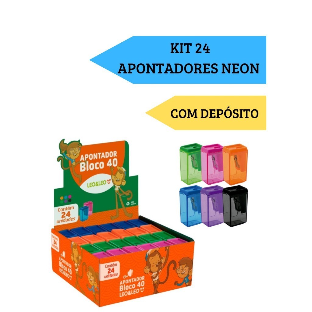 Kit 24 Apontadores Com Depósito Bloco 40  NEON Trend Escolar Escritório Leo&Leo