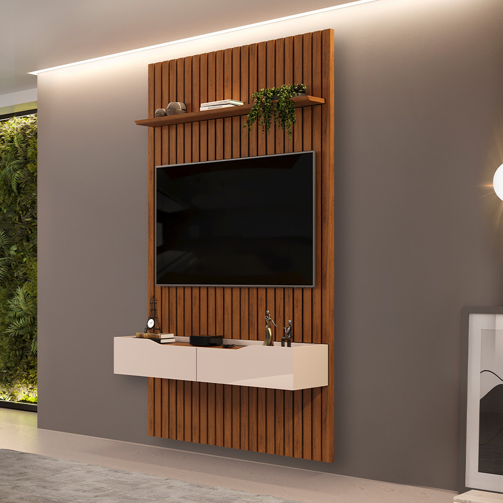 Painel Ripado Para Sala TV 60 Pol com Bancada Suspensa 143x240cm Facile D05 Freijó - Lyam Decor