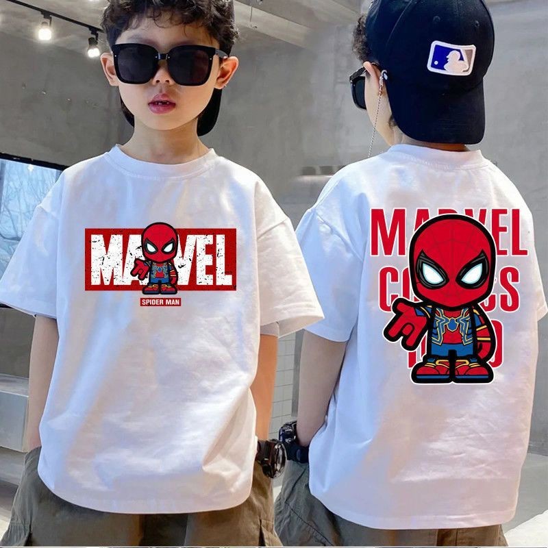 1000~160 Roupa infantil Desenho animado infantil Homem-Aranha Camiseta de manga curta estampada para menino Camiseta de verão Roupa infantil média grande Camiseta meia manga