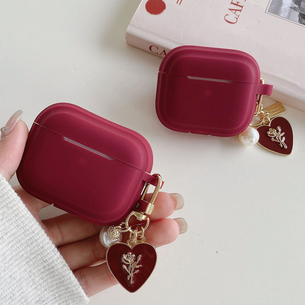 Retro Vinho Vermelho Silicone Caso Coração Rosa Pingente Para AirPods Pro3 2025 4 3 Pro 2 1 Pro2 Fone De Ouvido Capa Pro