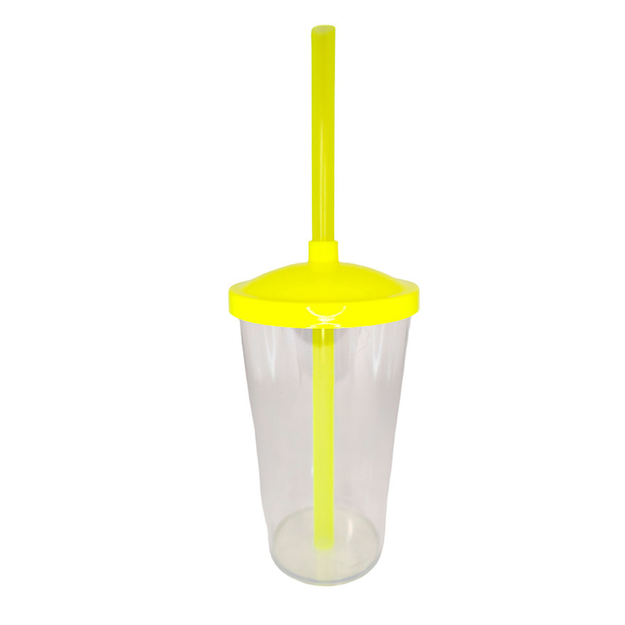 Copo de Plástico com Tampa e Canudo 300ml - Amarelo Neon - 1 unidade - Rizzo