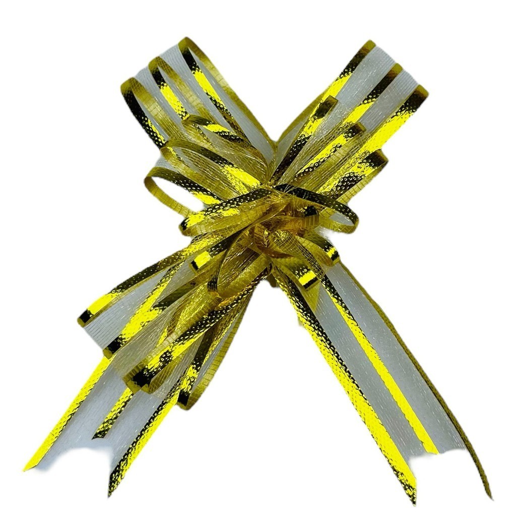 100 LAÇOS FACIL P/ PRESENTE ORGANZA HOLOGRÁFICO OURO 1,8 CM x 39 CM (Ex)