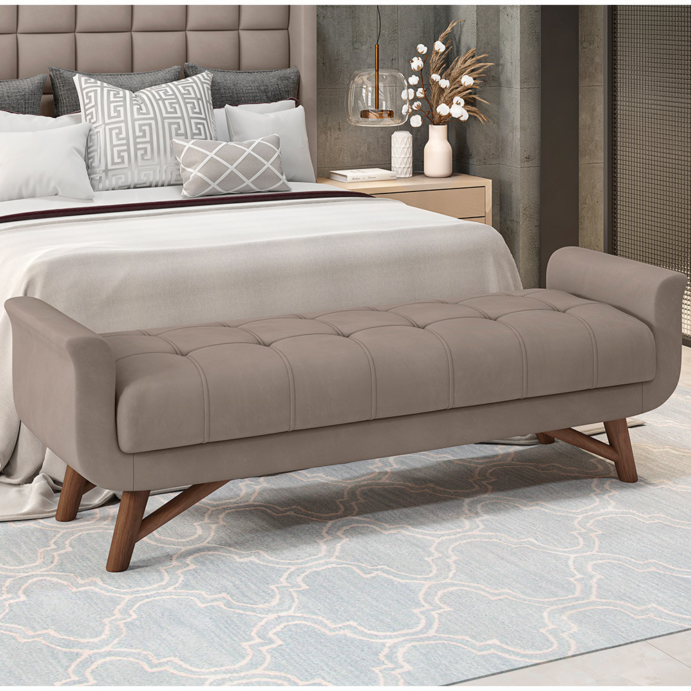 Puff Recamier Decorativo com Pés em Madeira 195 cm Itália P05 Veludo Bege - Lyam Decor