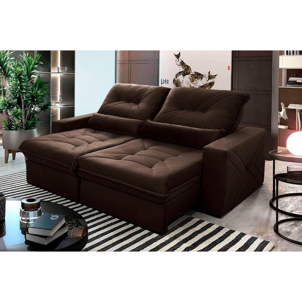Sofá Retrátil/Reclinável Sevilha 3,00m Suede Velut Marrom c/ Molas Ensacadas - King House - Home & Living