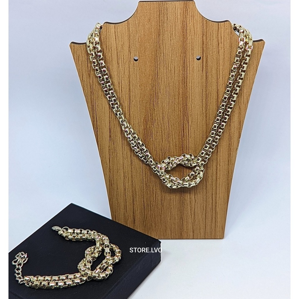 Kit Conjunto Colar e Pulseira Corrente Elos Duplo Veneziana Sinal Nózinho Folheado Ouro Dourado Prata Mix Luxo Moda
