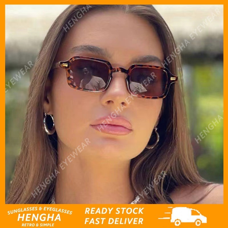 (HENGHA) Leopard Print Rectangular Sun Shading Sunglasses for Women Retro Style Pequena Moldura Óculos De Sol Coloridos