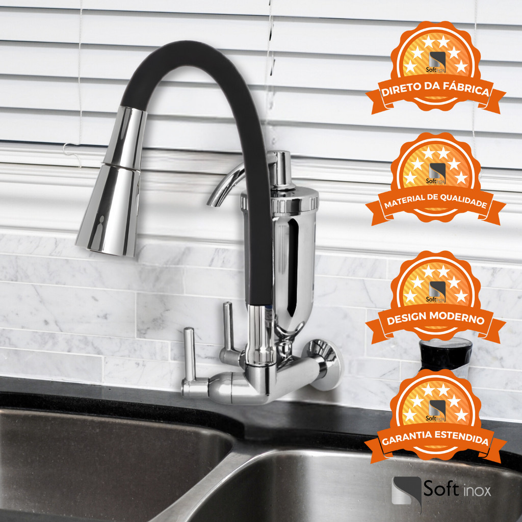 Torneira Filtro Gourmet Flexível Cozinha Parede Preto/Cromo