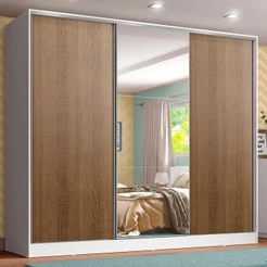 Guarda Roupa Infantil 100% MDF Madesa Logan 3 Portas de Correr com Espelho - Branco/Rustic