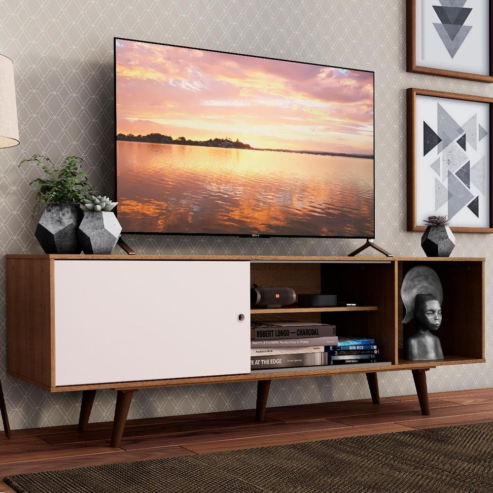 Rack Madesa Dubai para TV até 65 Polegadas com Pés - Rustic/Branco/Rustic - Home & Living