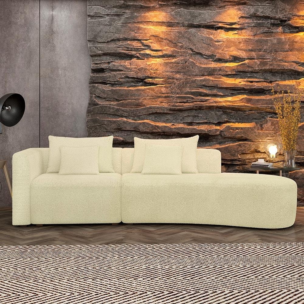 Imagem Sofá Curvo Decorativo Kimiko 327Cm 4 Lugares Sala de Estar com Chaise Bouclê Off White G52 - Gran Belo