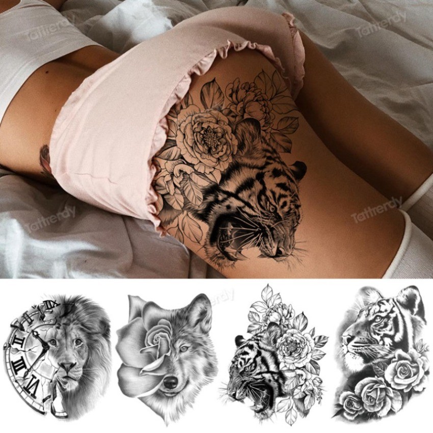 Grandes Tatuagens Temporárias Animais Coxa Perna Tigre Rosa Lobo Cabeça De Leão sexy Tatuagem Falsa Mulher Homens Arte C em Oferta na Shopee