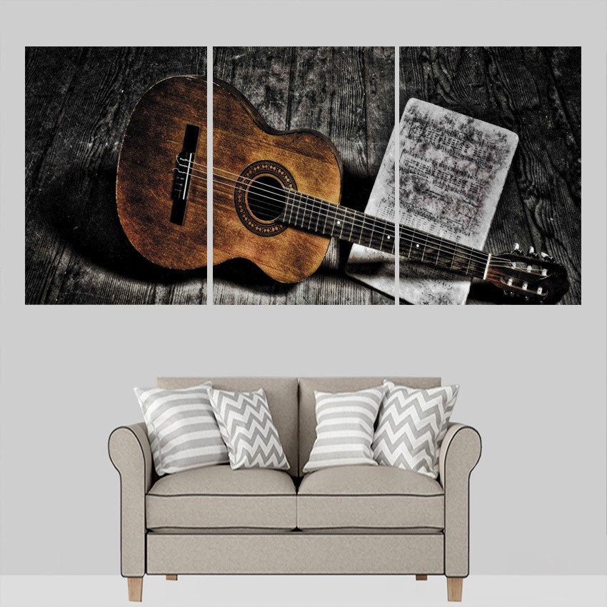 Quadros Decorativo Mosaico 90X50 Sala Quarto 3 peças Mdf Alta Resolução Full HD Violão Mosaico