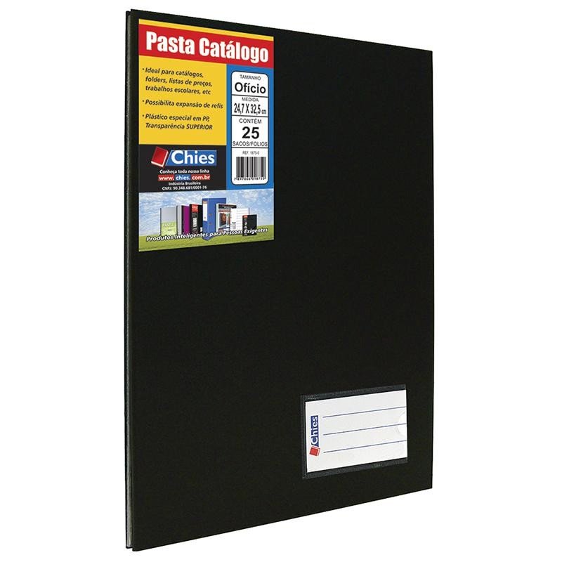 Pasta catálogo ofício 159 Preta com 25 plásticos Hemon