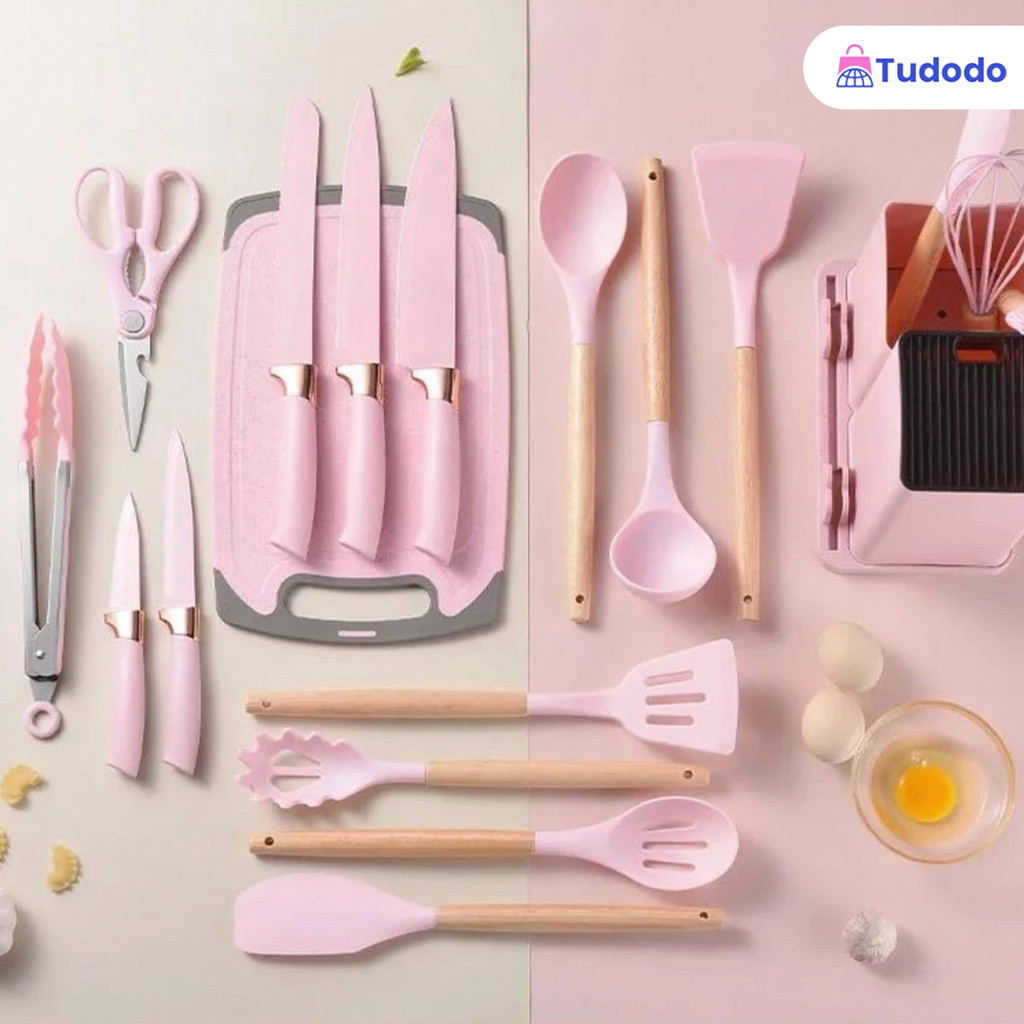 Kit Completo Jogo Utensílios de Cozinha Luxo 19 Peças Com Tábua em Silicone Espátula Faca Tesoura