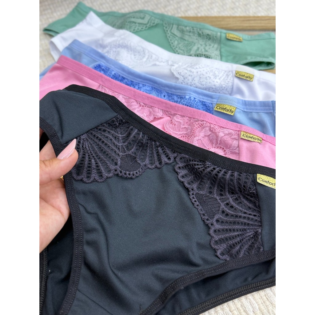 Kit Calcinha Senhora Calçola Feminina Detalhe Renda Forro Algodão