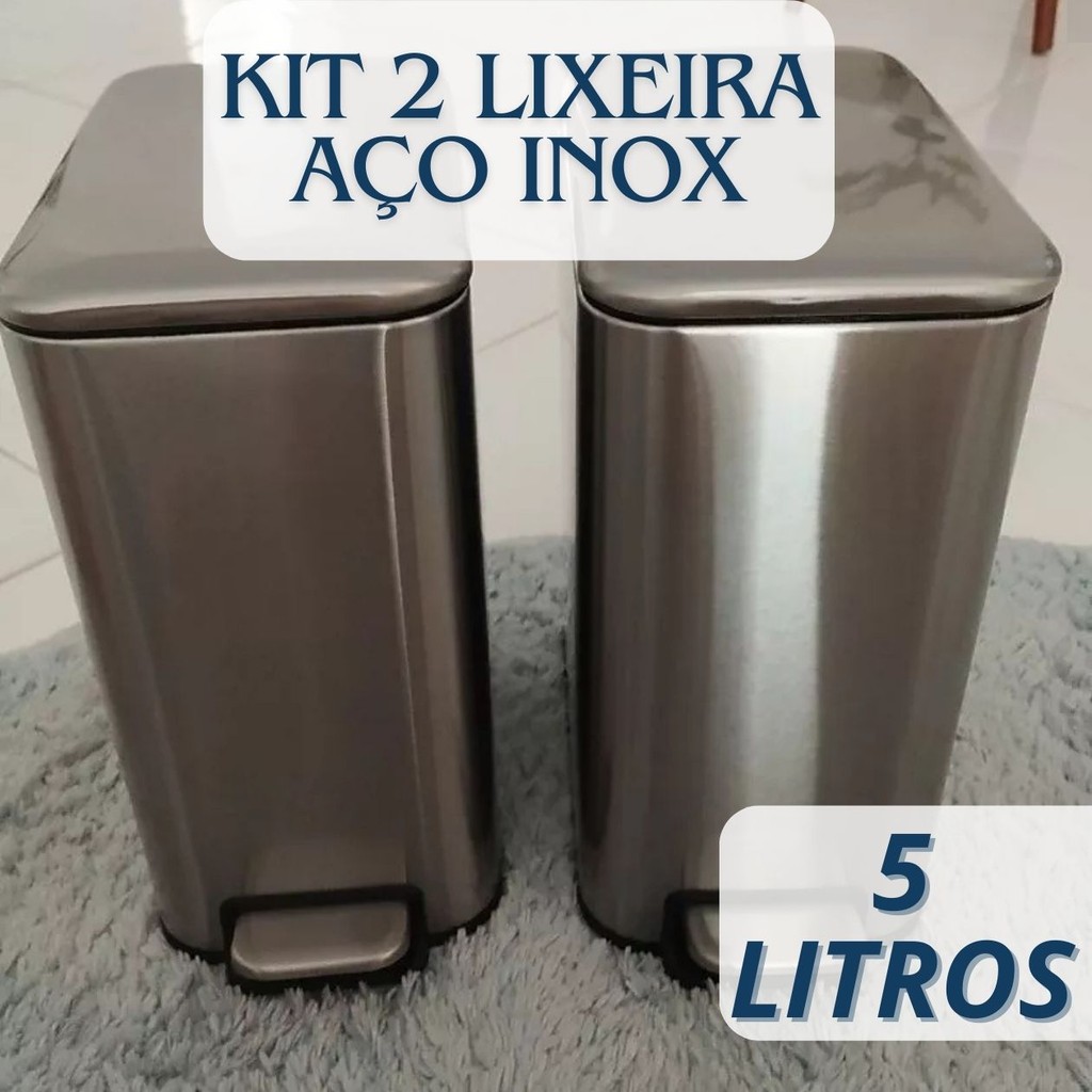 Kit com Duas Lixeiras Aço Inox Moderna Premium Retangular Banheiro Cozinha Escritório Elegante 5Litros Fechamento Suave