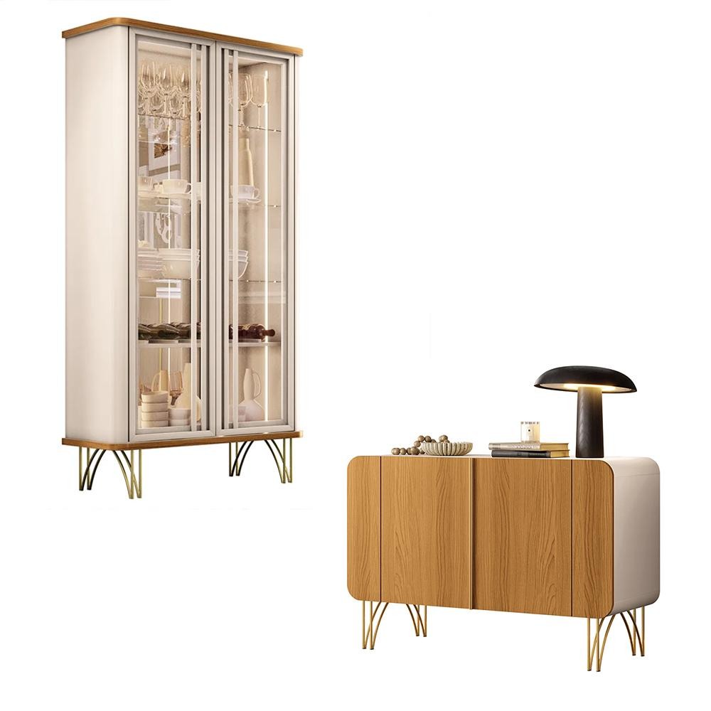 Conjunto 1 Cristaleira e 1 Buffet Decorativo Texas/Bambino Off White/Cinamomo G26 - Gran Belo 