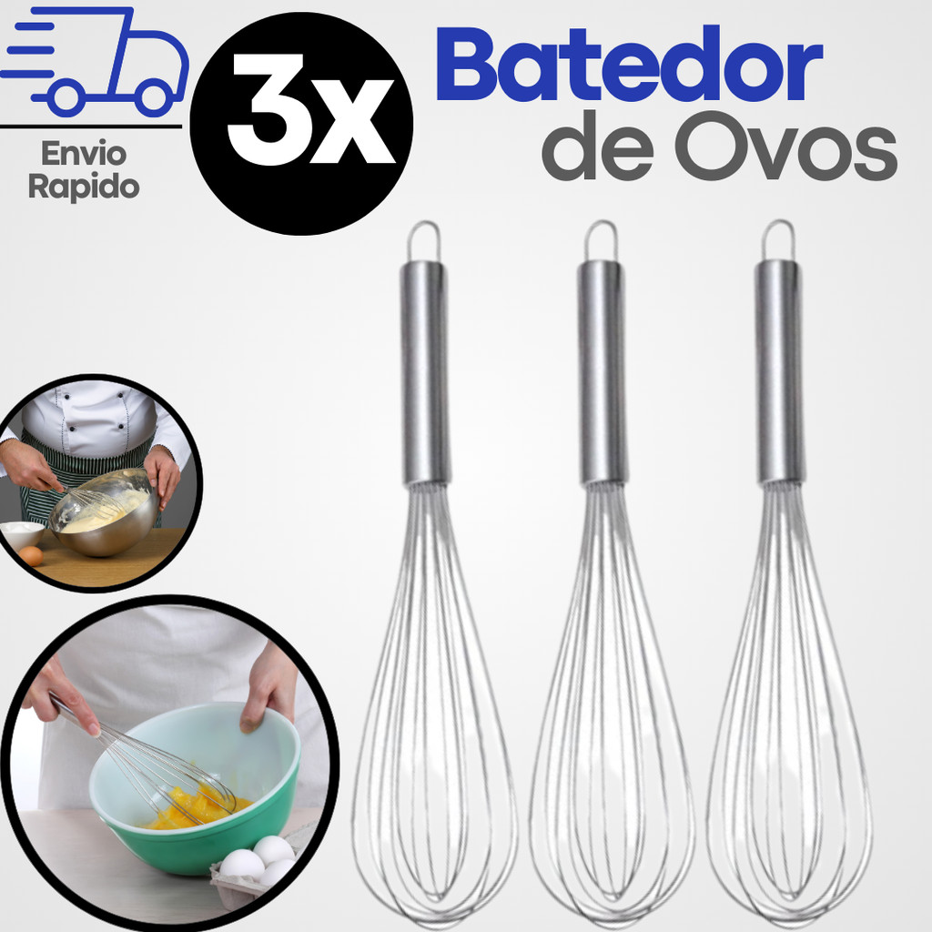 Batedor De Ovos e Massas Em Aço Inox Fouet Fue Profissional Mixer Manual 27 cm Kit 3 Unidades