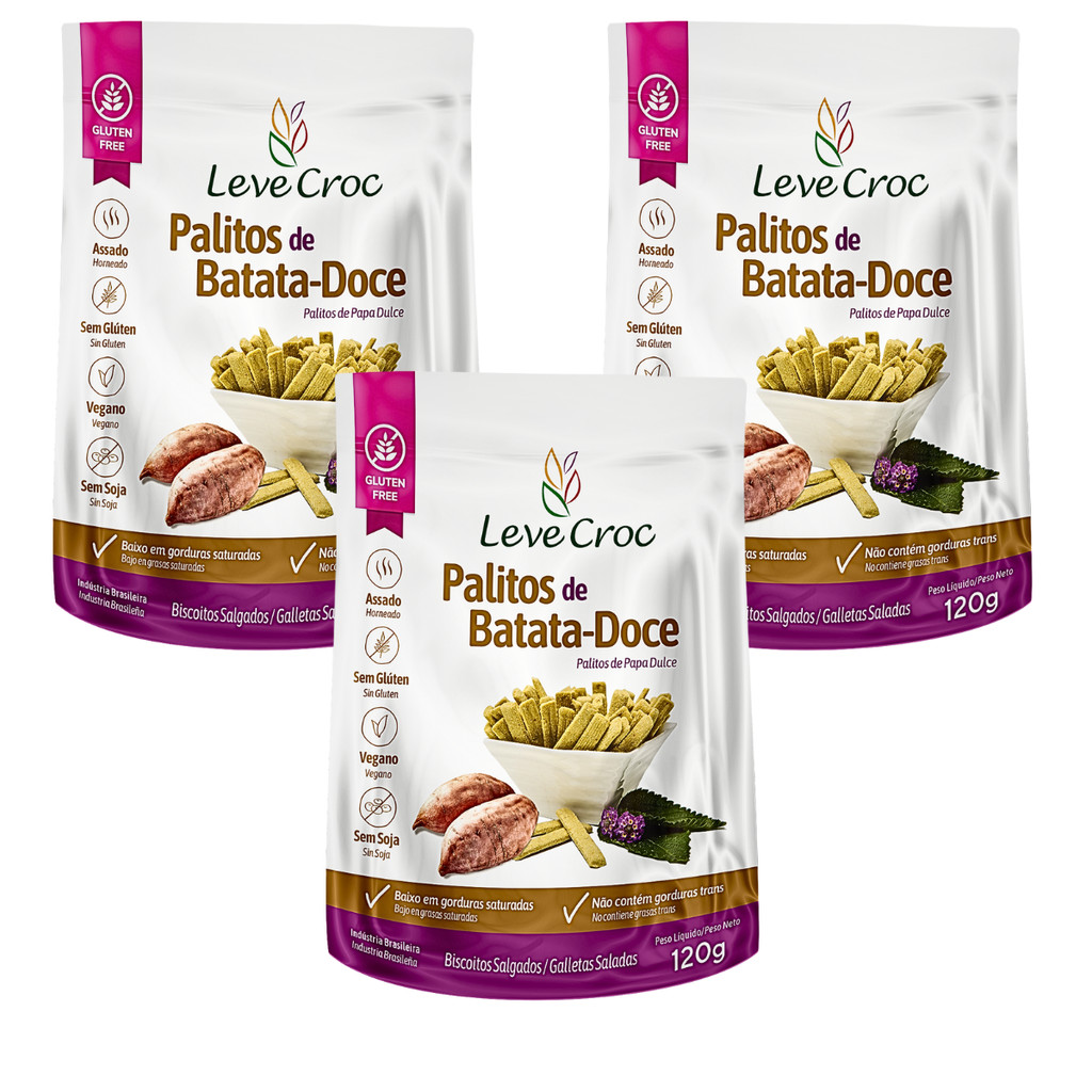 Kit 3 Biscoito Palito Salgado De Batata-Doce 120g Leve Croc