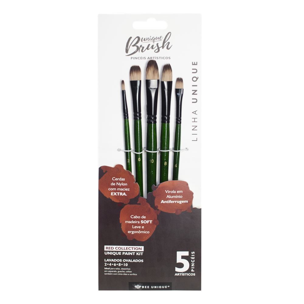 Kit de Pincéis Lavados Ovalados Cerda de Nylon com 5 Tamanhos - Red Collection - Yj-190007