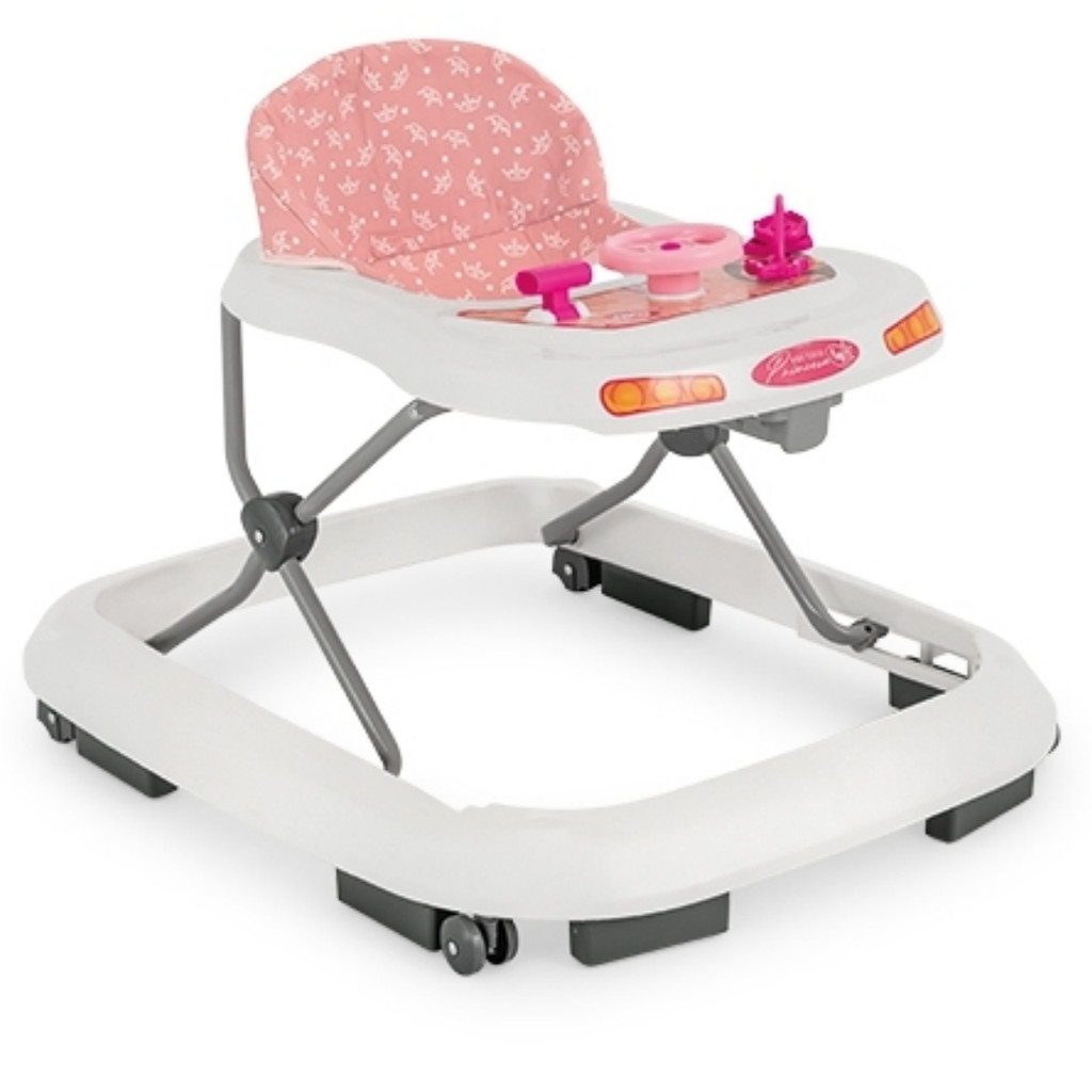 Andador Bebe Infantil Andaja Para Menina De 56cm Bandeja Musical e Brinquedos Com Rodízios Trava Segurança Branco Rosa