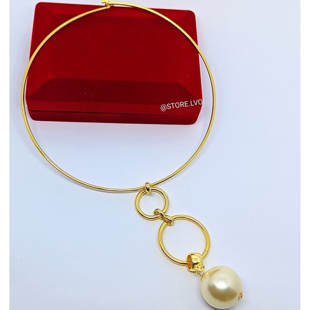 Colar Choker Aro Rígido Fino Liso com Pingente Pérola Grande Luxo Folheado Ouro Acessório Feminino Moda Tendência