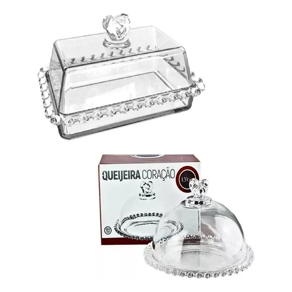 Kit Manteigueira Mais Queijadeira De Vidro Cristal Coração Presente Casamento Queijeira Luxo Quejeira Queijo Frios Manteiga