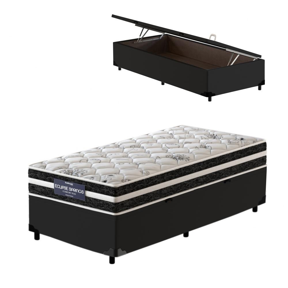 Cama Box Baú Solteiro King Preta + Colchão Molas Ensacadas - Probel - Eclipse Springs 96x203x62cm - Home & Living