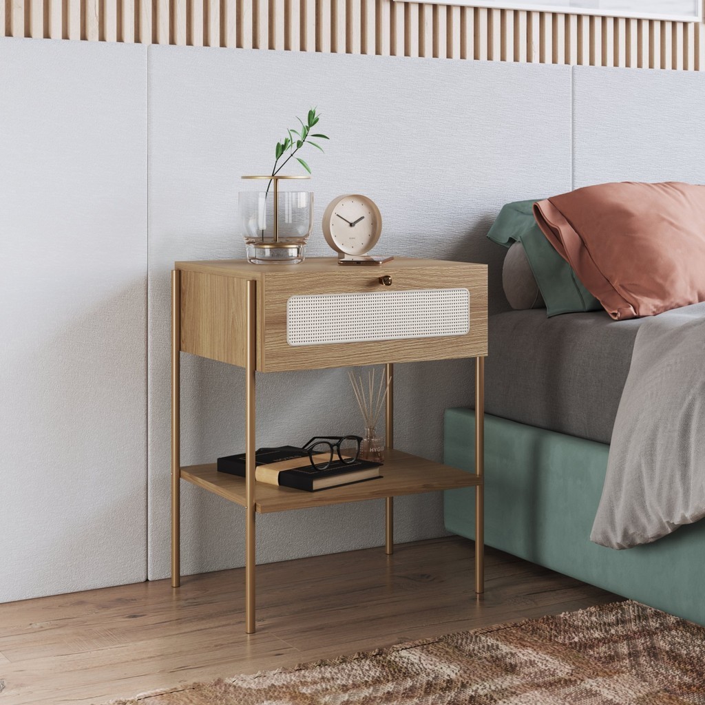 Mesa de Cabeceira 1 Gaveta Palhinha Pé Metal Dourado Oslo  Hanover Telado/Dourado em Oferta na Shopee