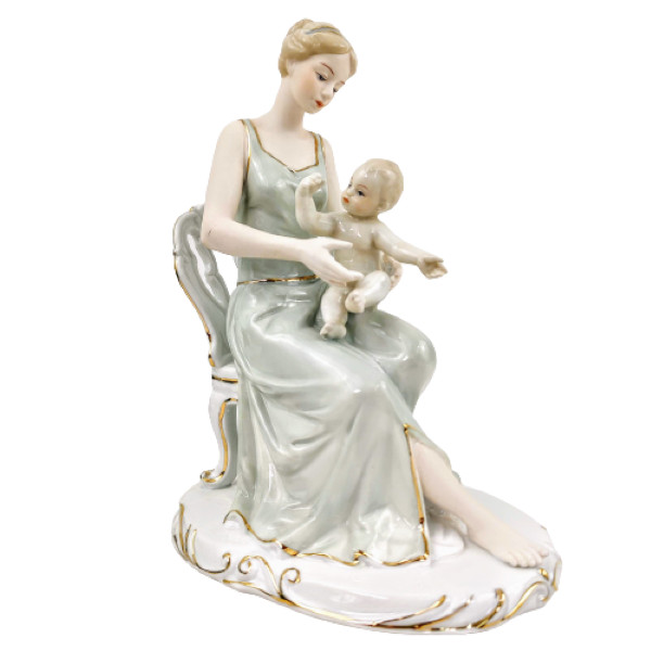 Estátua Mãe e Filho Verde Cadeira 24x19x13cm Estatueta Decor