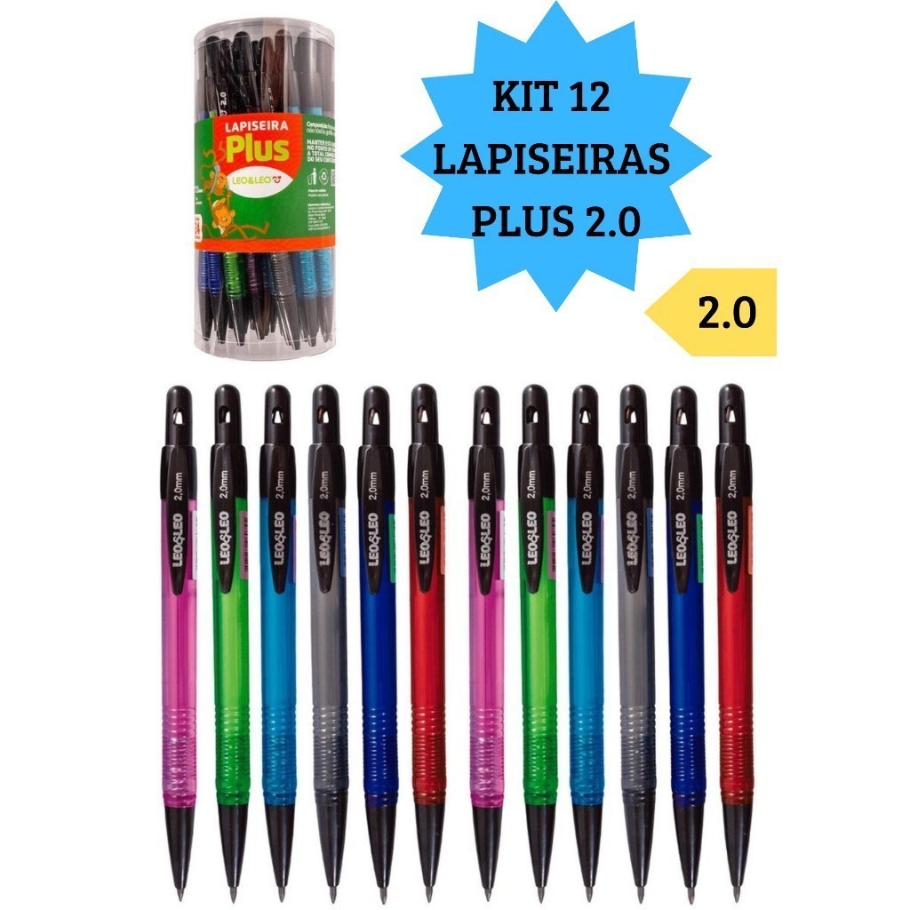 Kit 12 Lapiseiras 2.0 Plus Escolar Escritório Escrita Macia Diversas Cores Com Apontador Leo&Leo