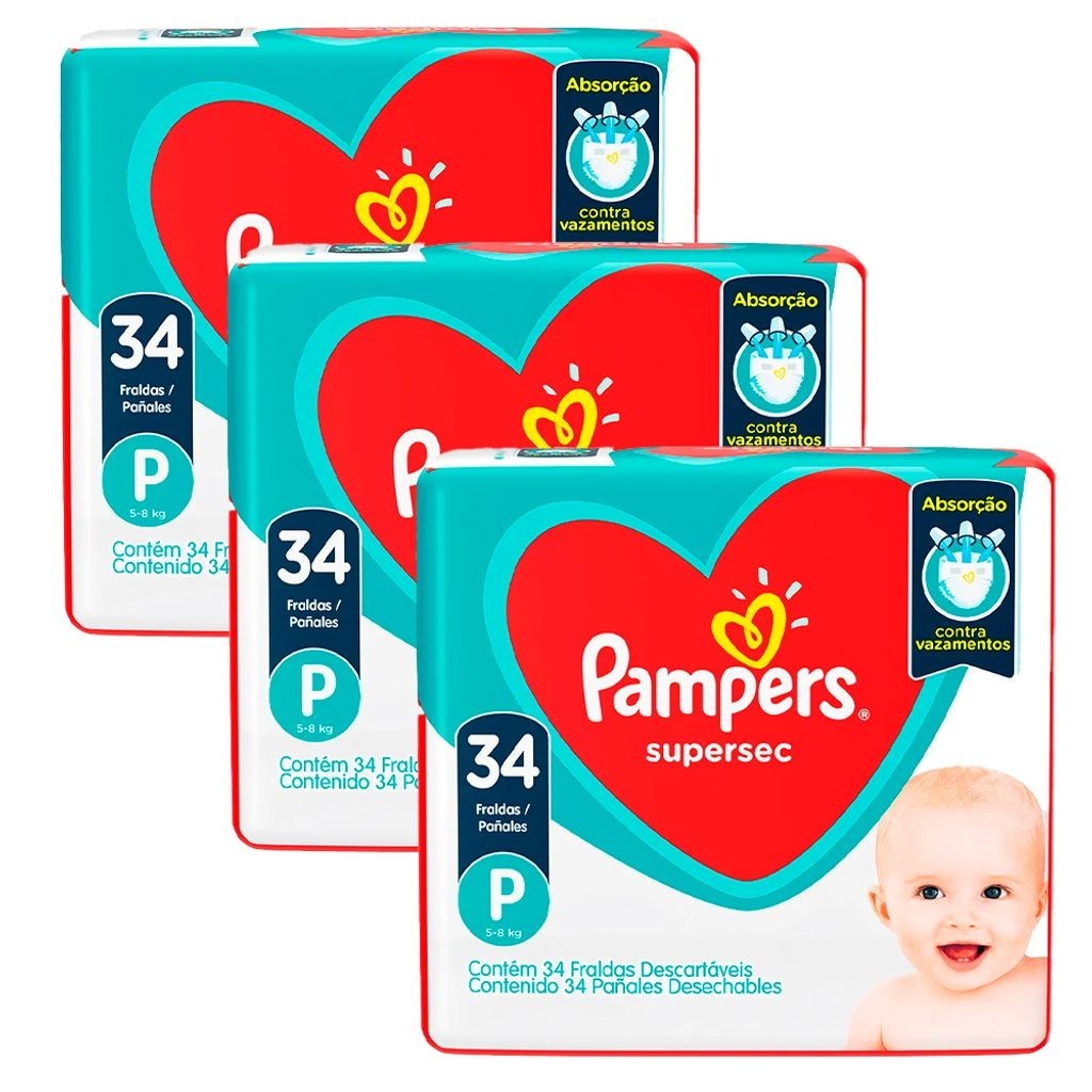 Kit 3 Fraldas Pampers Supersec Pacotão Econômico P - 102 Tiras