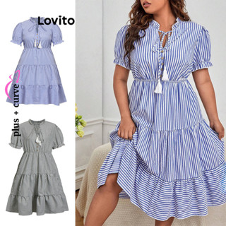 Lovito Casual Vestido Listrado com Franjas em Camadas de Tamanho Grande para Mulheres LBL06148 (Multicolorido)