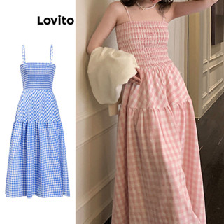 Lovito Casual Vestido Feminino Xadrez Bata de Alcinha com Bainha de Babados LNE16030 (Multicolorido)
