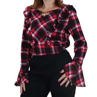 Cropped Xadrez Manga Longa Flare Babado Moda Country Cowboy em Oferta na Shopee