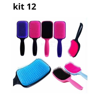 kit 12 Escovas De Cabelo Raquete Almofadada Pentear e Desembaraçar Cores Sortidas