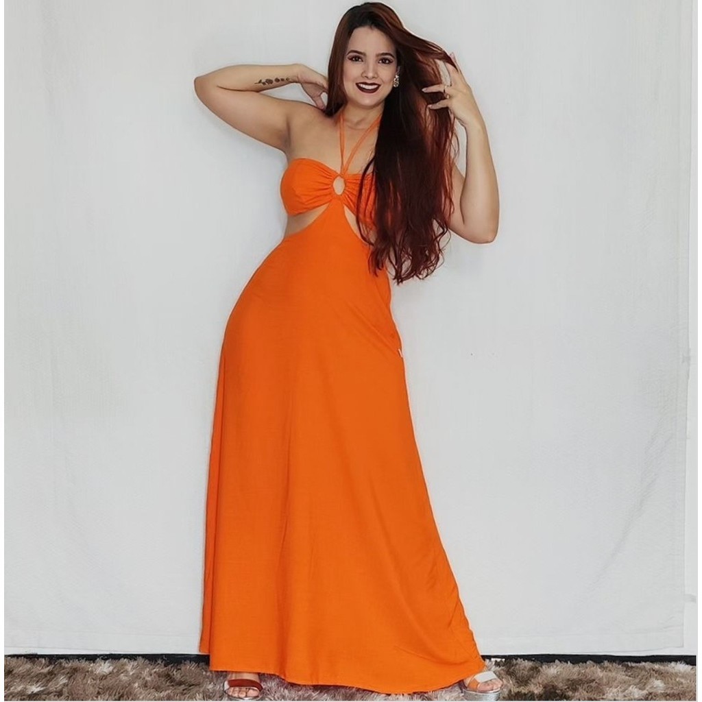 Vestido Longo Feminino Liso Casual Fresquinho Detalhe Amarração Nas Costas Moda Fashion