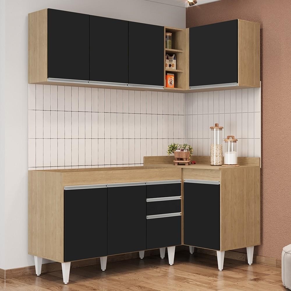 Armário de Cozinha Modulado de Canto Esquerdo 4 Peças CP46 Balcão sem Tampo Castanho/Preto - Lumil em Oferta na Shopee