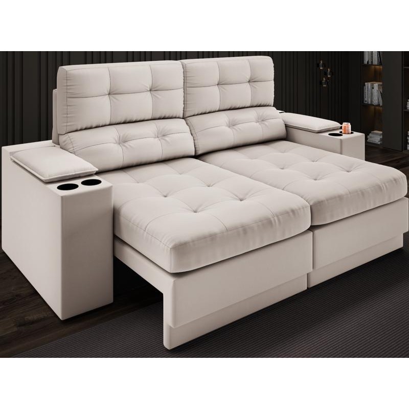 Sofá com Porta Copos e Carregador USB Eureka 1,70m Assento Retrátil e Reclinável Velosuede Areia - NETSOFAS - Home & Living
