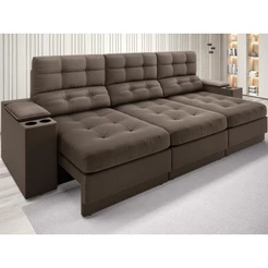 Sofá com Porta Copos e Carregador USB Eureka 2,30m Assento Retrátil e Reclinável Velosuede Marrom - NETSOFAS