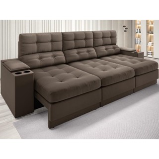 Sofá com Porta Copos e Carregador USB Eureka 2,30m  Assento Retrátil e Reclinável Velosuede Marrom - NETSOFAS em Oferta na Shopee