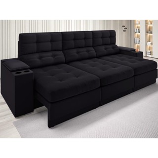 Sofá com Porta Copos e Carregador USB Eureka 2,30m  Assento Retrátil e Reclinável Velosuede Preto - NETSOFAS em Oferta na Shopee