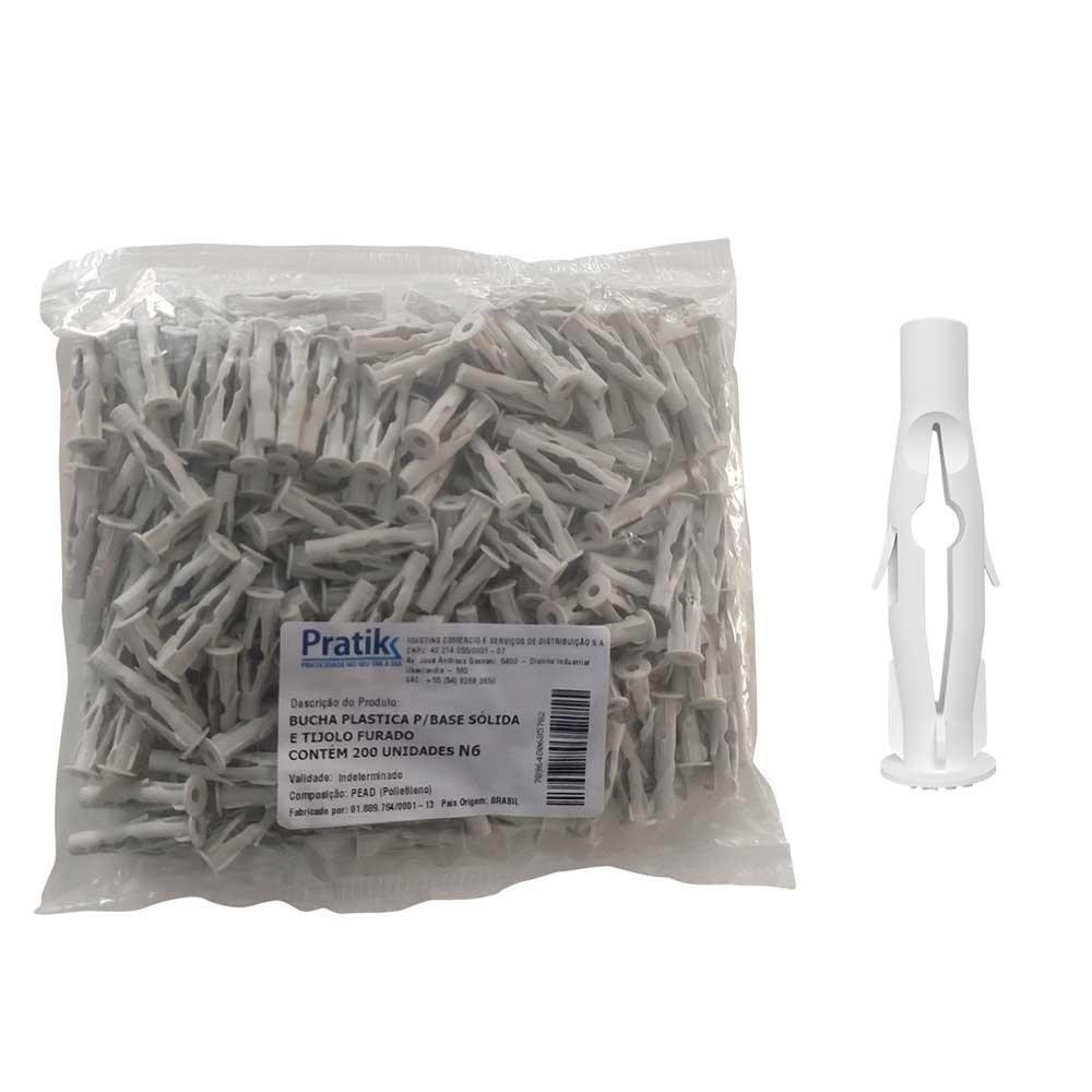 Bucha Plástica Pratik Fixação Base Sólida para Tijolo Furado N6 Branco - Embalagem com 200 Unidades - Home & Living