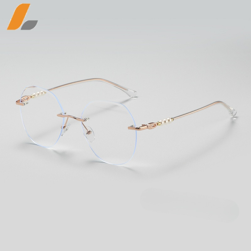 Frameless Women's Cut Border Blue Light Óculos Personalidade Pérola Óculos Perna Óculos Multilaterais Frame