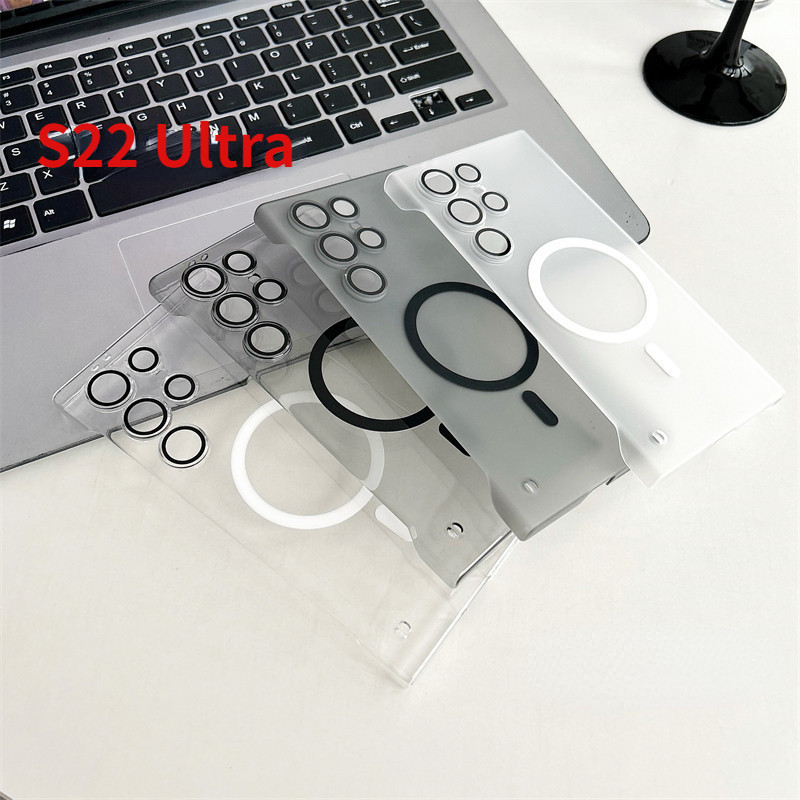 Capa Magnética Sem Bordas Para PC Ultra-Fina Samsung Galaxy S24 S23 S22 Plus S24 + S23 + Proteção De Filme De Lente Transparente Com Furo De Corda Pendurado Caixa Fosca