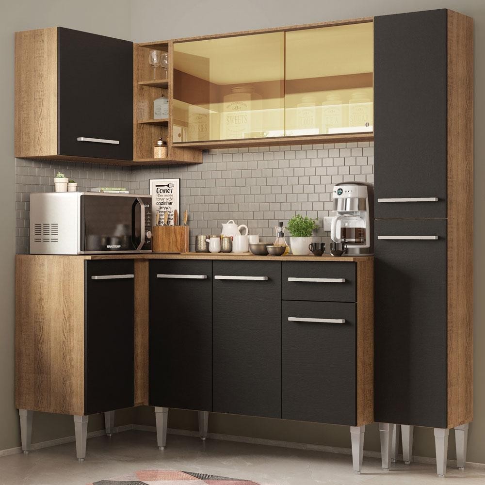 Cozinha Completa de Canto Madesa Emilly River com Balcão e Armário Vidro Reflex - Home & Living